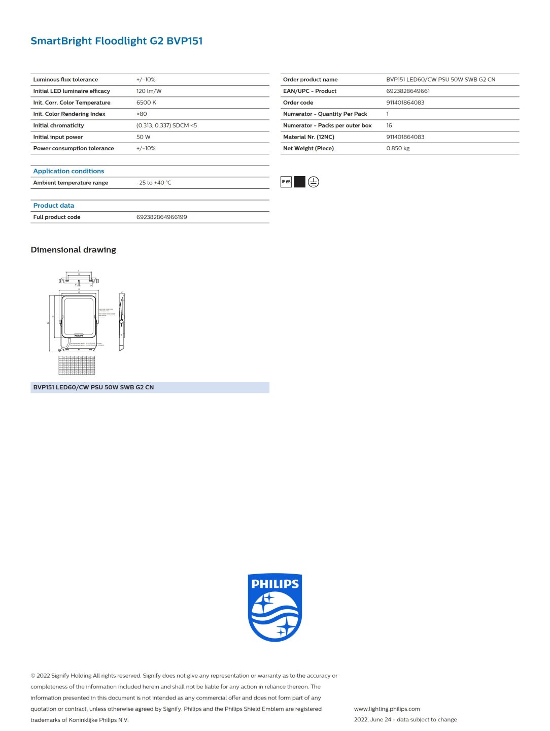 Philips Lighting BVP151 LED60/CW PSU 50W SWB G2 CN SmartBright Floodlight  G2 BVP151 - 6000 lm 